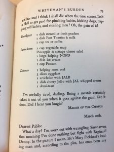 A menu featuring Margaret Livingston Whiteman's Nujol Oil French Dressing (NOFD)
