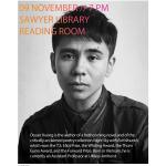 Promotional poster for 11/9 reading by Ocean Vuong. 7:00 p.m. Sawyer Reading Room.