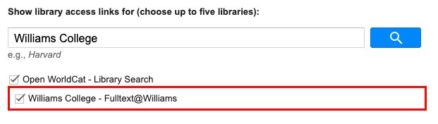 Screen shot of Google Scholar Library Links search box