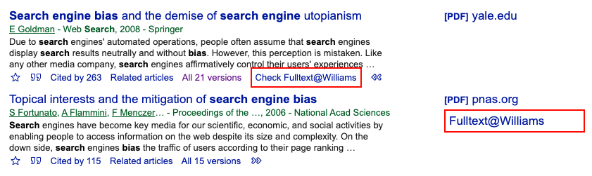 Screen shot of Google Scholar results, with links to Williams Libraries