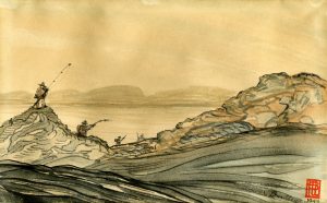 ink painting of fishermen