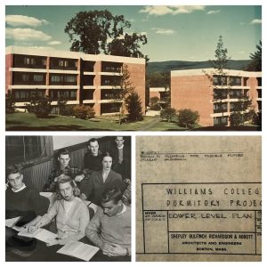 Collage of modern dorm building, students in classroom, and blueprint label