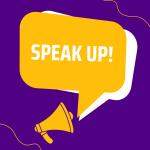 Bullhorn with speech bubble that reads, 