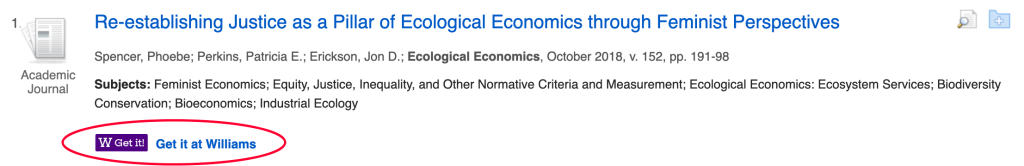 Screenshot of EconLit search result with get it at Williams highlighted.