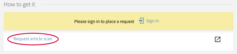 Screenshot of the "how to get it" section of a library catalog record, with the "request article scan" link highlighted