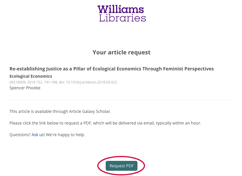 Screenshot of the Article Galaxy Scholar screen, with the "request PDF" link highlighted