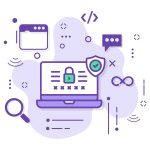 Drawing of a computer, surrounded by icons relating to authentication